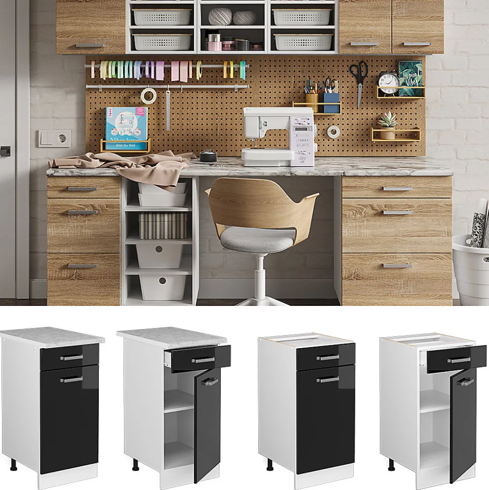 Vicco Meuble bas universel Noir Haute brillance 40cm avec tiroir, avec PT