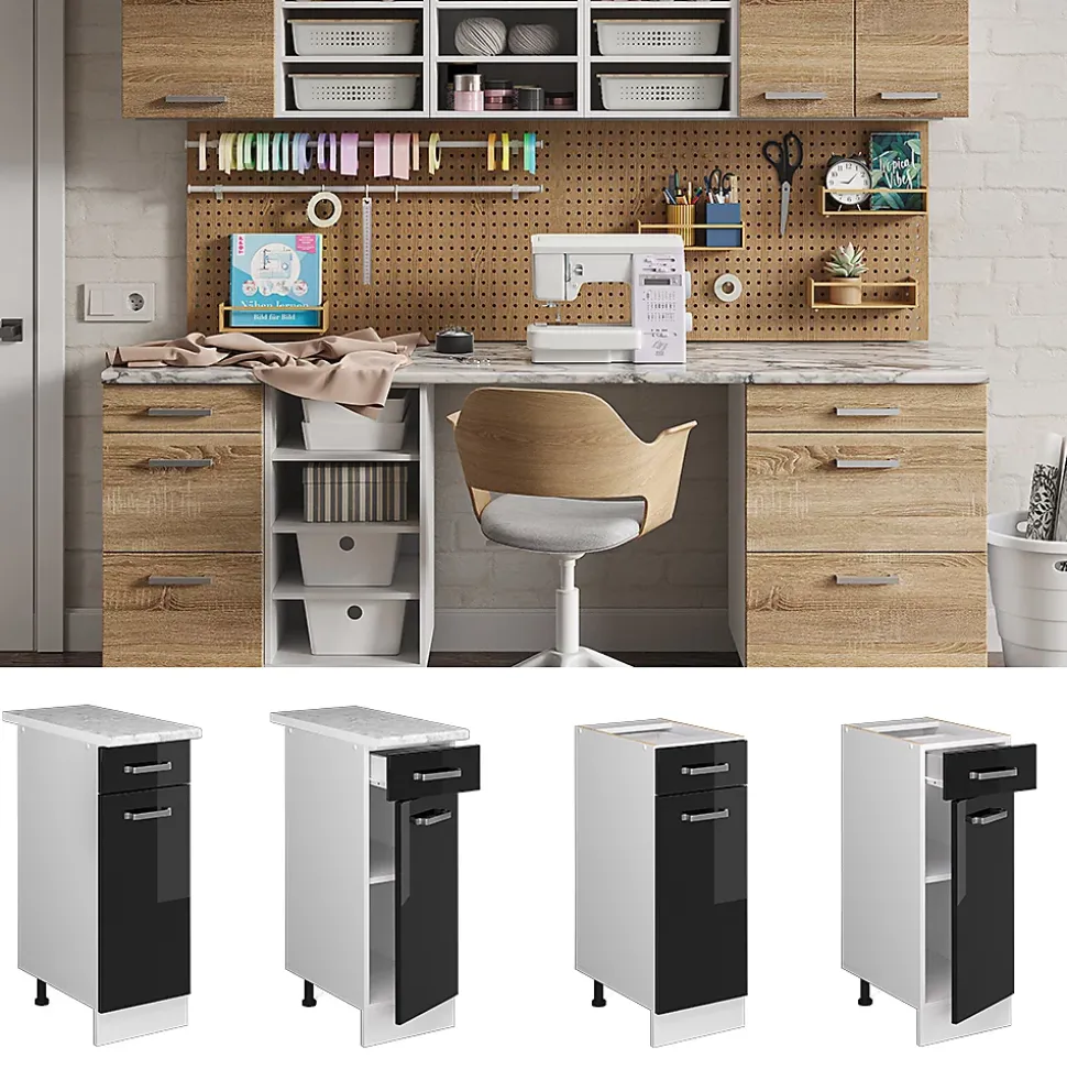 Vicco Meuble bas universel Noir Haute brillance 30cm avec tiroir, sans PT