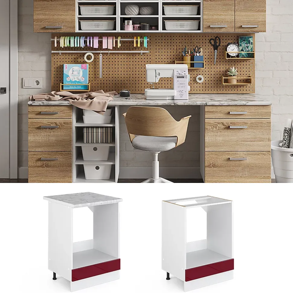 Vicco Meuble bas universel Rouge bordeaux Haute brillance 60cm avec grande niche, avec PT