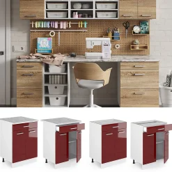 Vicco Meuble bas universel Rouge bordeaux Haute brillance 60cm avec tiroirs