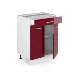 Vicco Meuble bas universel Rouge bordeaux Haute brillance 60cm avec tiroirs, sans PT