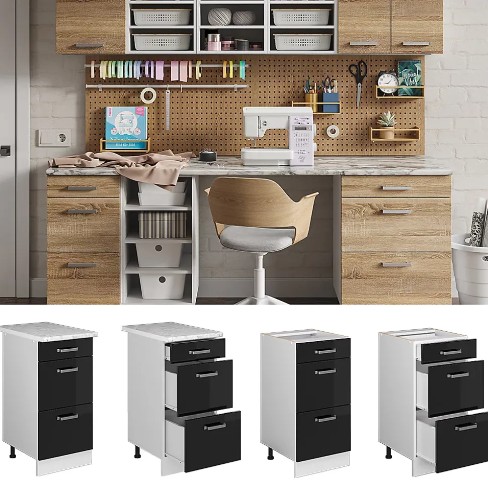 Vicco Meuble bas universel Noir Haute brillance 40cm avec tiroirs, sans PT