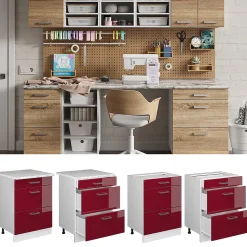 Vicco Meuble bas universel Rouge bordeaux Haute brillance 60cm avec tiroirs, sans PT