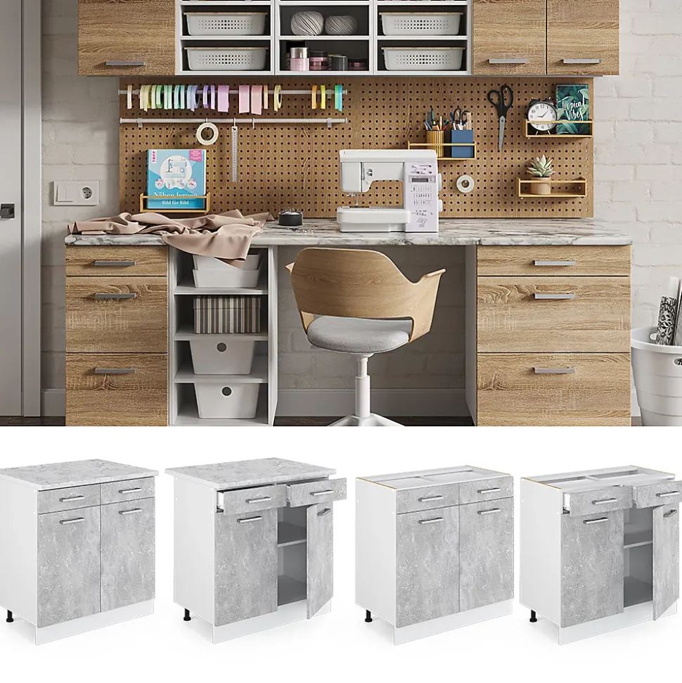 Vicco Meuble bas universel Béton 80cm avec tiroirs et portes, sans PT