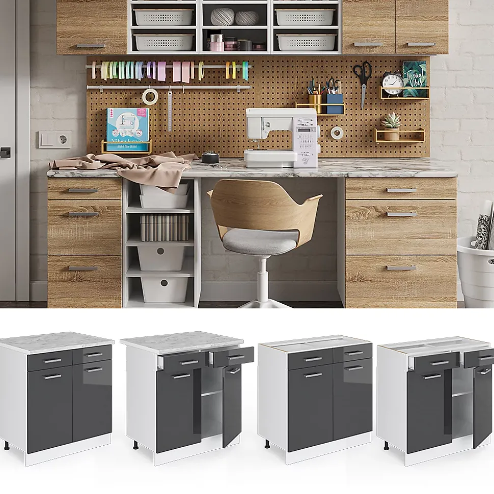 Vicco Meuble bas universel Anthracite Haute brillance 80cm avec tiroirs et portes, avec PT
