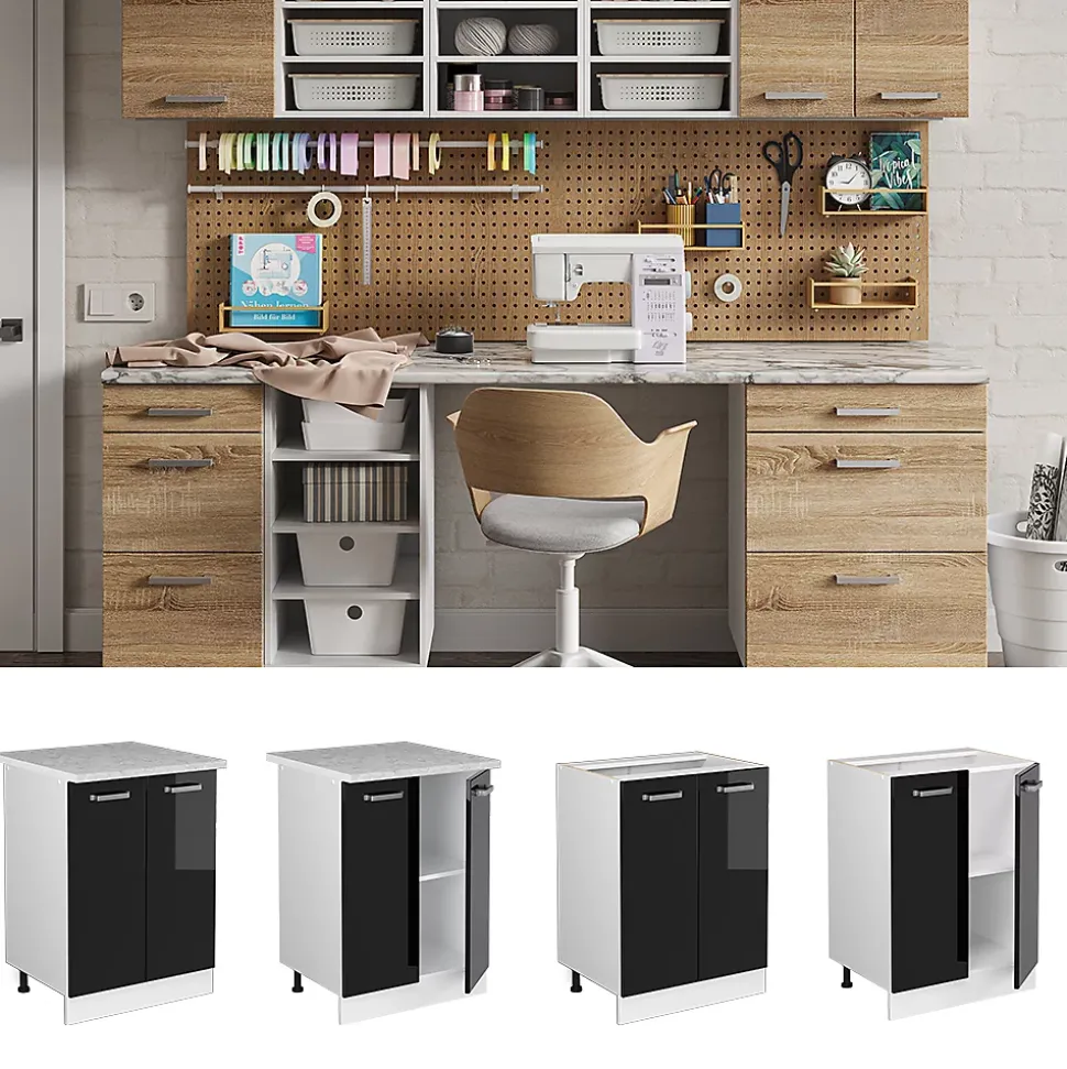 Vicco Meuble bas universel Noir Haute brillance 60cm avec portes, avec PT