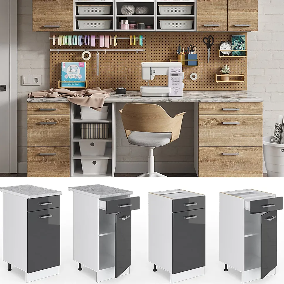 Vicco Meuble bas universel Anthracite Haute brillance 40cm avec tiroir, avec PT