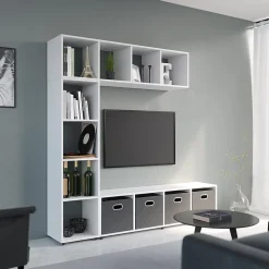 Vicco Meuble de rangement cube Blanc 142.5x36.2cm avec 2 boîtes pliantes
