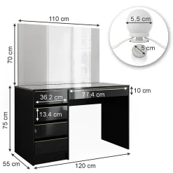 Vicco set de maquillage noir/or 55cm avec éclairage LED