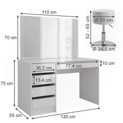 Vicco Set de maquillage Blanc/Or 55cm avec tabouret