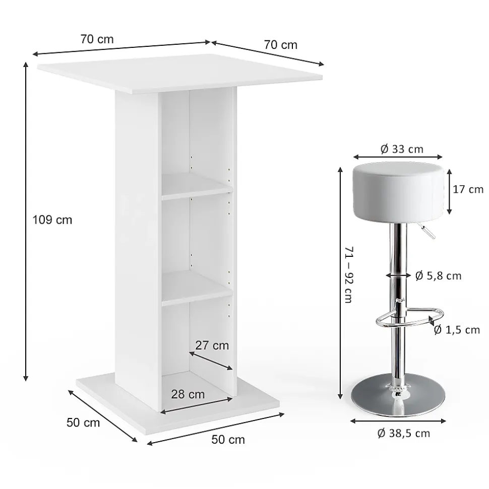 Vicco Set de table de bar Blanc 70x70cm avec 2 tabourets de bar