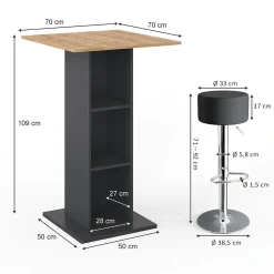 Vicco Set de table de bar Anthracite 70x70cm avec 2 tabourets de bar