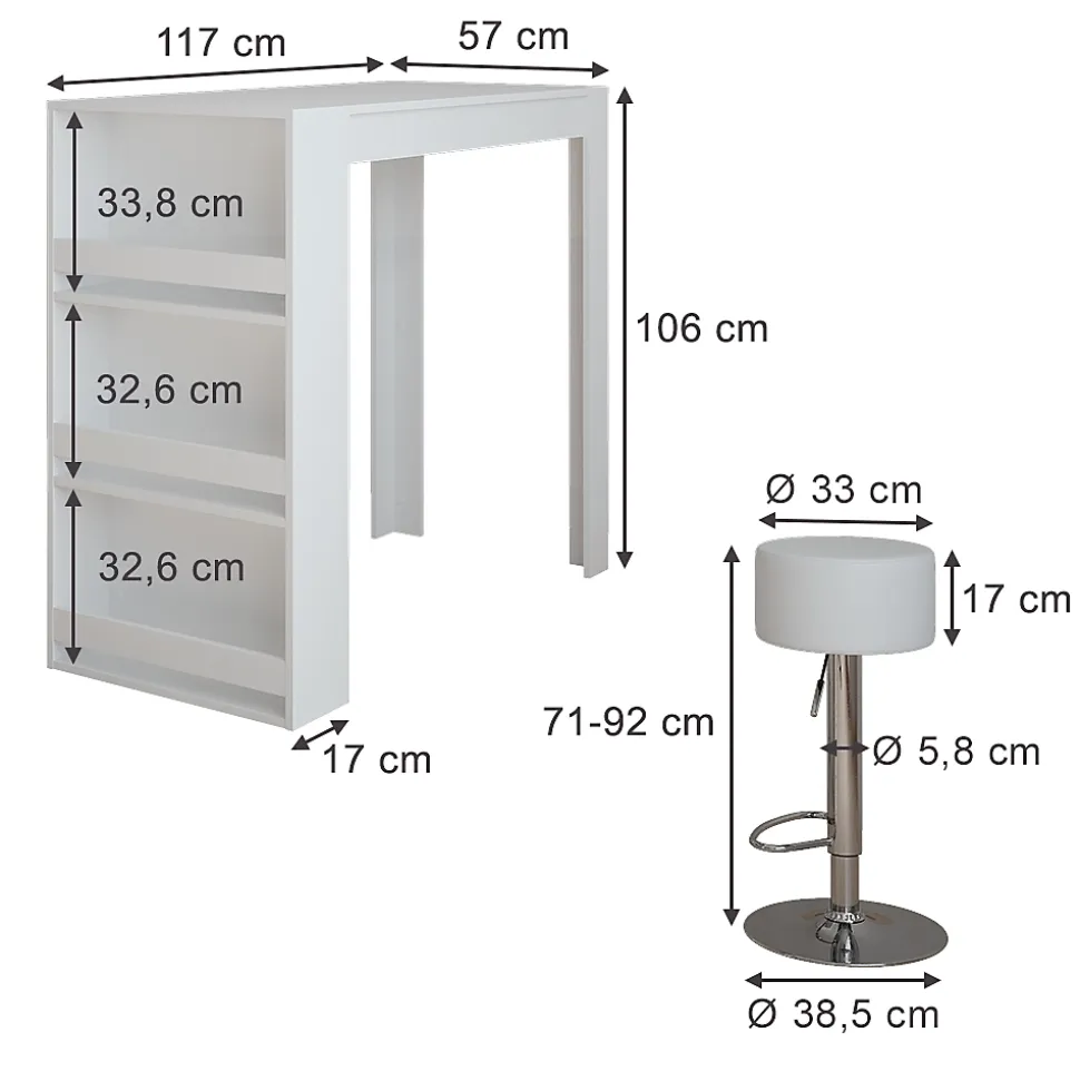 Vicco Set de table de bar Blanc 57x117cm avec 2 tabourets de bar