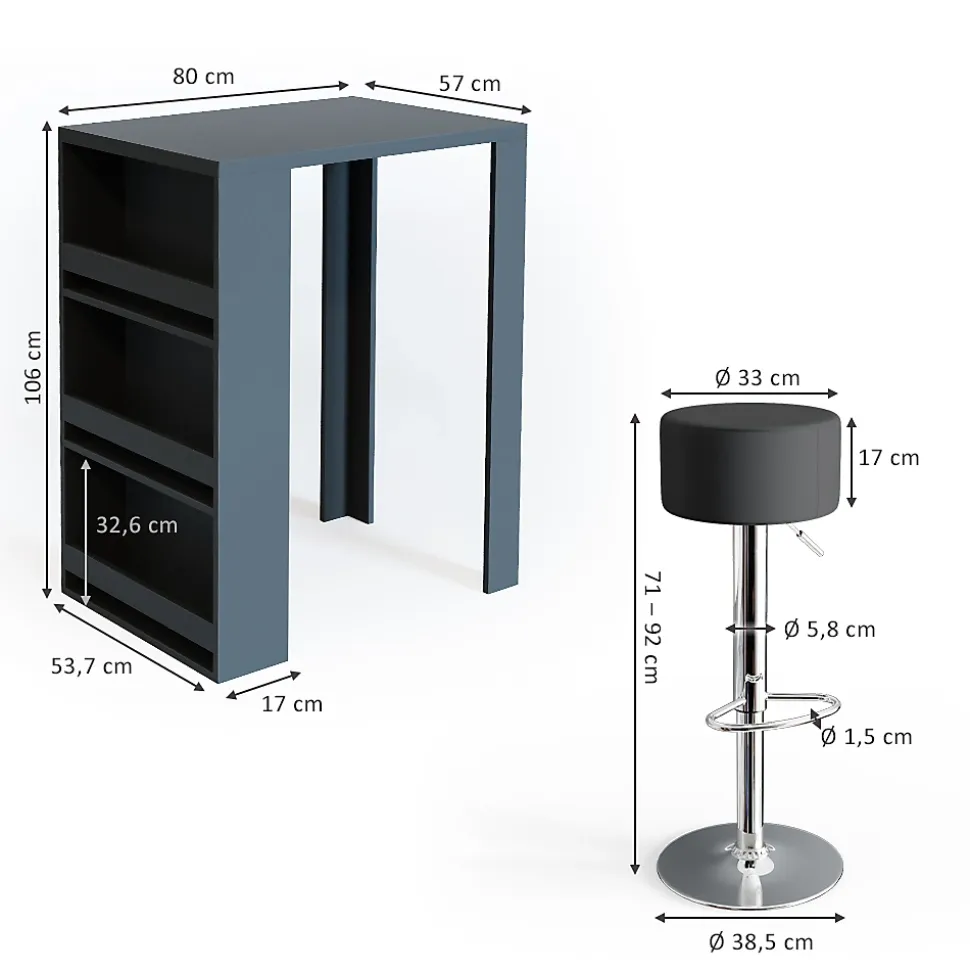 Vicco Set de table de bar Anthracite 57x80cm avec 2 tabourets de bar