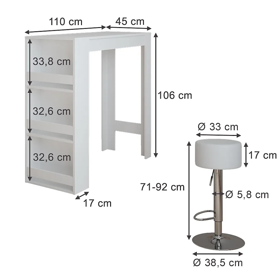Vicco Set de table de bar Blanc 45x110cm avec 2 tabourets de bar