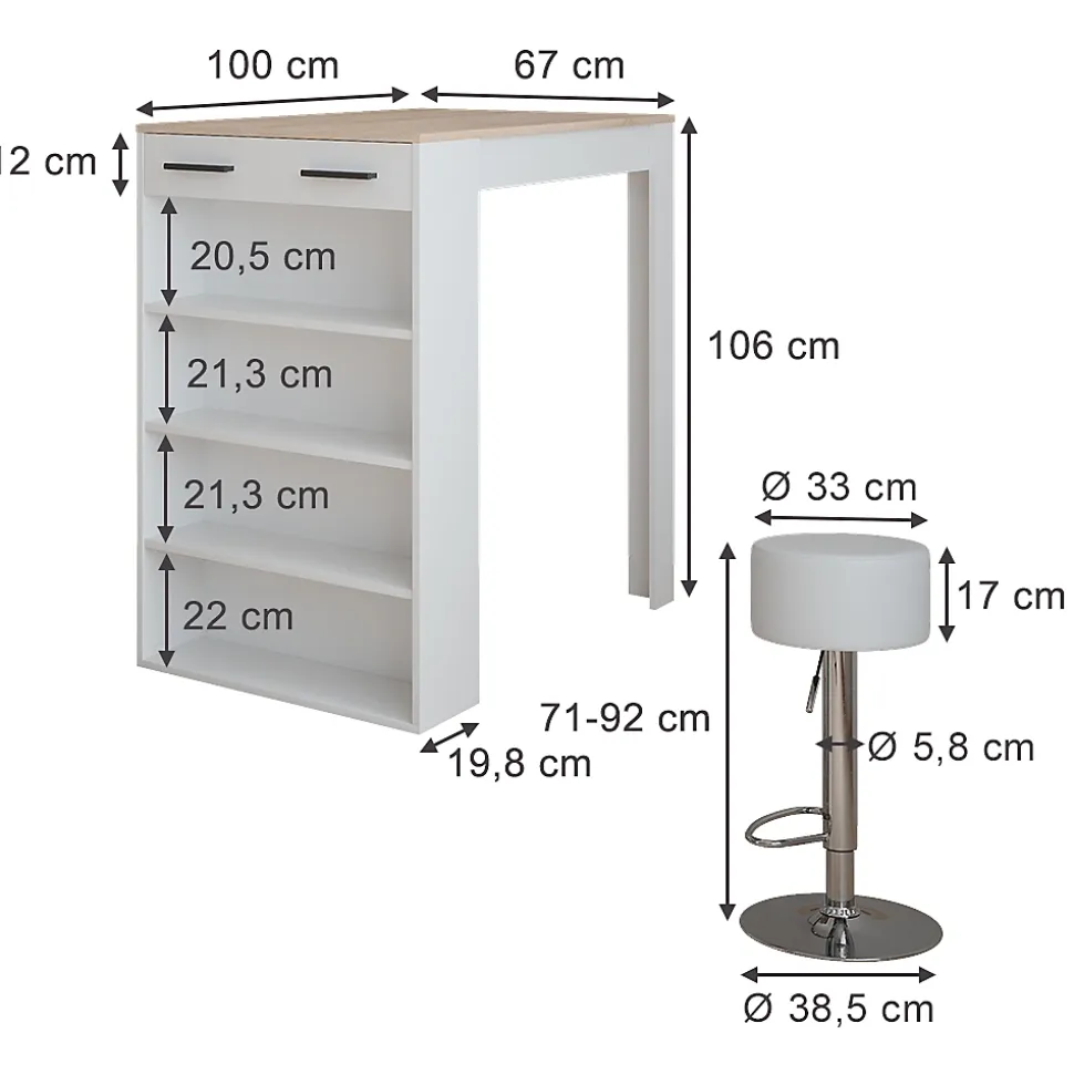 Vicco Set de table de bar Blanc/Sonoma 67x100cm avec 2 tabourets de bar