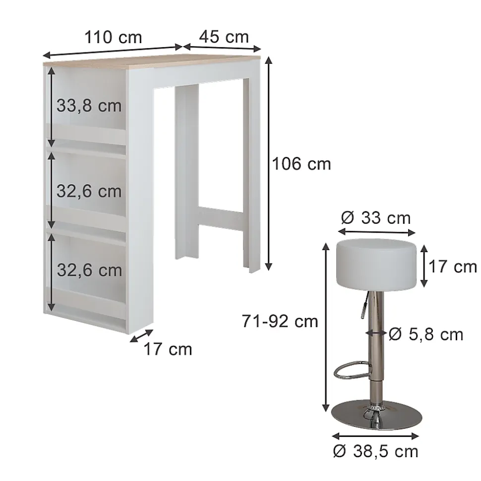 Vicco Set de table de bar Blanc/Sonoma 45x110cm avec 2 tabourets de bar
