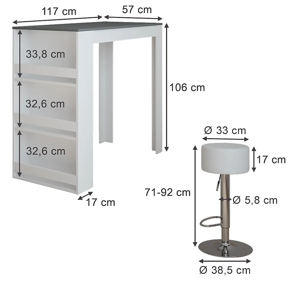 Vicco Set de table de bar blanc/anthracite 57x117cm avec 2 tabourets de bar