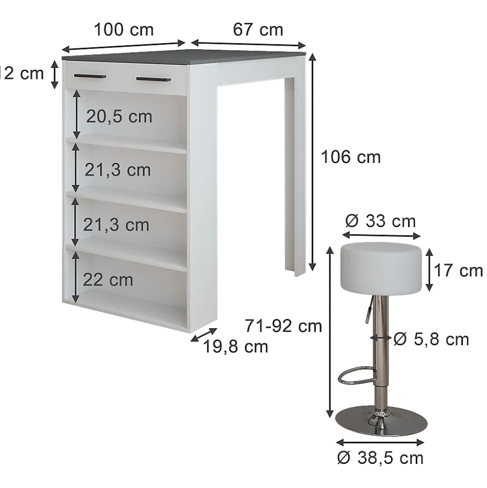 Vicco Set de table de bar blanc/anthracite 67x100cm avec 2 tabourets de bar