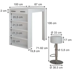 Vicco Set de table de bar Blanc 67x100cm avec 2 tabourets de bar