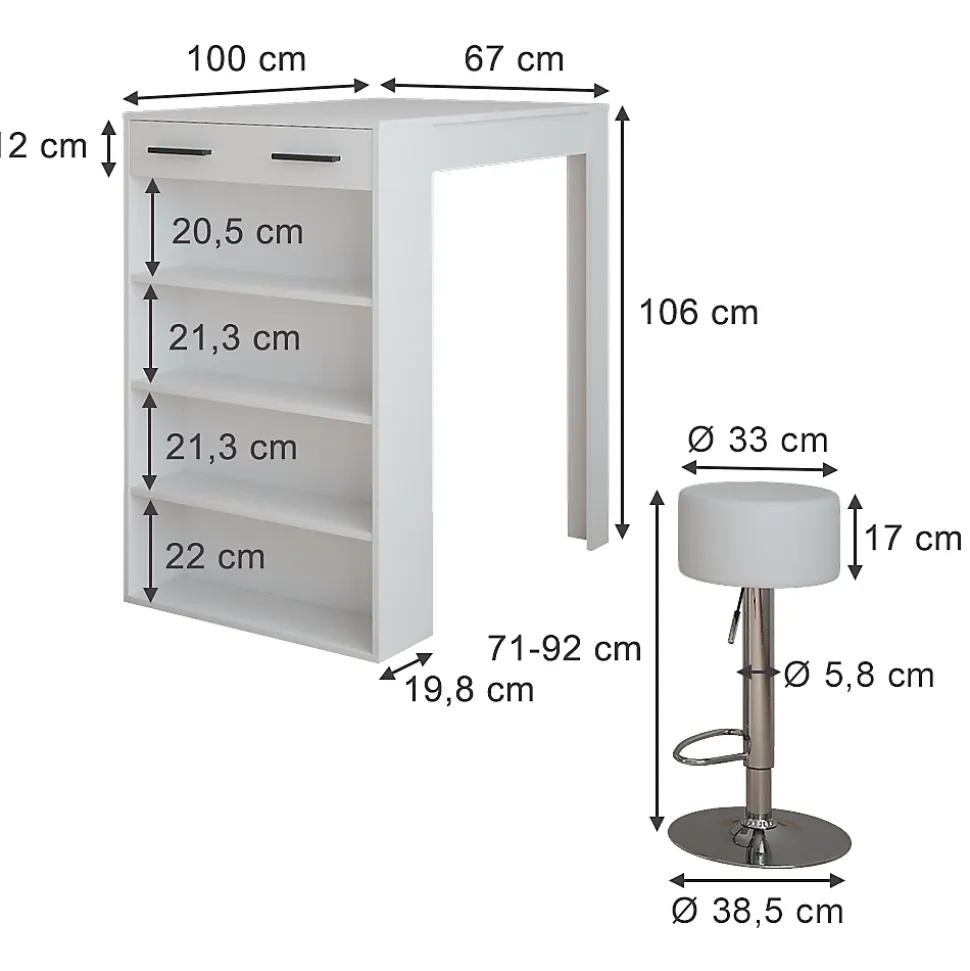 Vicco Set de table de bar Blanc 67x100cm avec 2 tabourets de bar