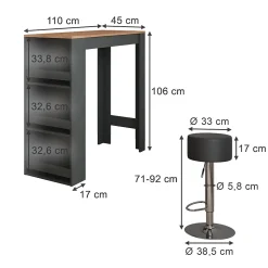 Vicco Set de table de bar Anthracite/chêne doré 45x110cm avec 2 tabourets de bar