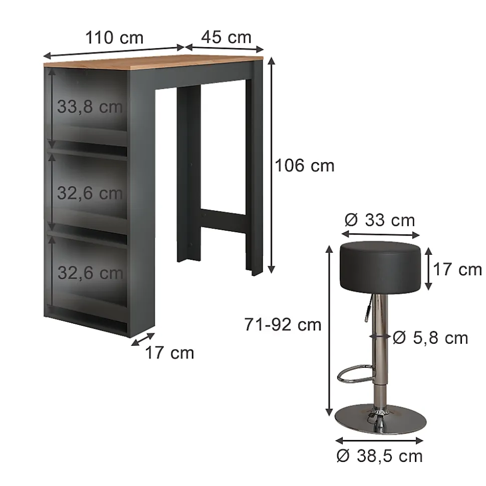 Vicco Set de table de bar Anthracite/chêne doré 45x110cm avec 2 tabourets de bar