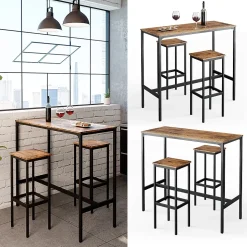 Vicco Set de table de bar Bois antique 120x50cm avec 2 tabourets de bar