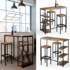 Vicco Set de table de bar Bois antique 120x50cm avec étagères et 2 tabourets de bar