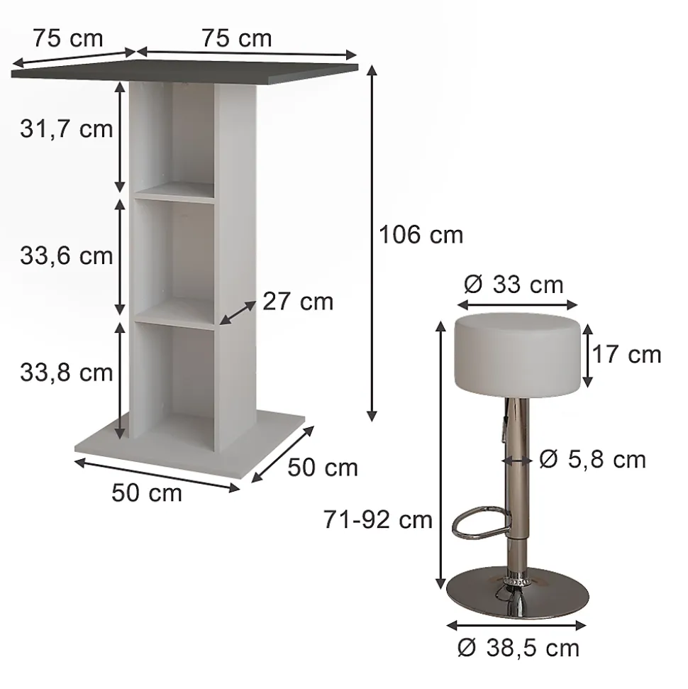 Vicco Set de table de bar blanc/anthracite 75x75cm avec 2 tabourets de bar