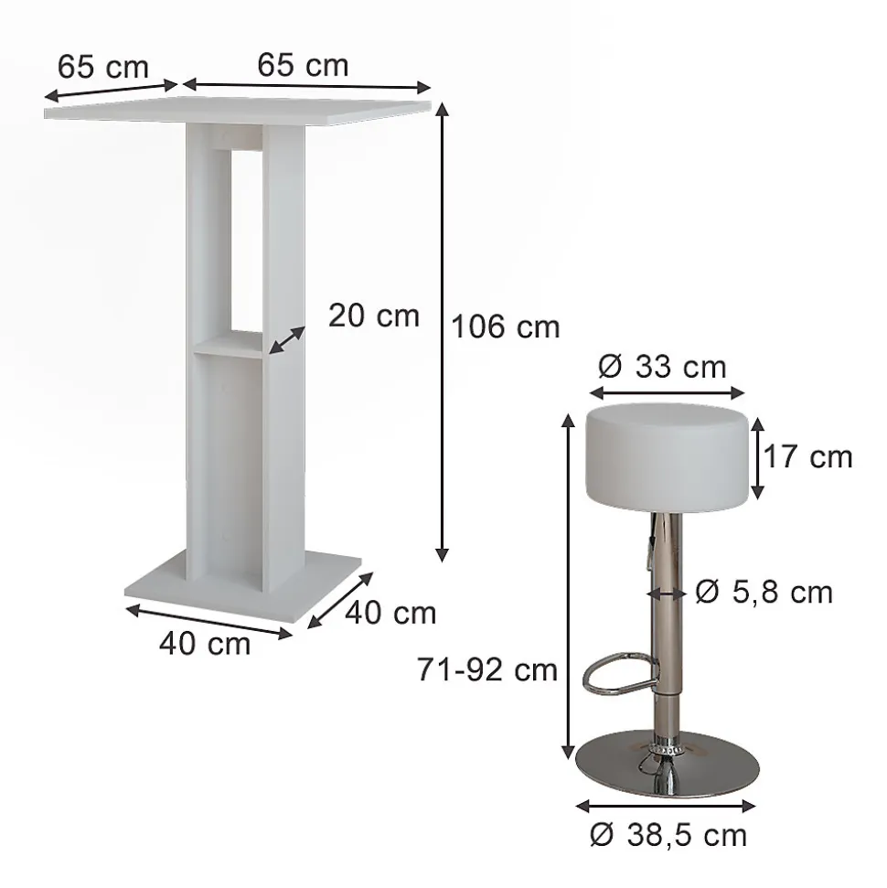 Vicco Set de table de bar Blanc 65x65cm avec 2 tabourets de bar