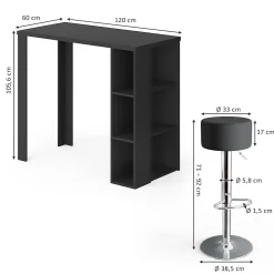 Vicco Set de table de bar Noir 120x60cm avec 2 tabourets de bar