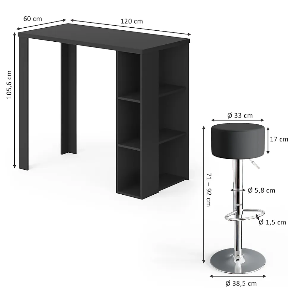 Vicco Set de table de bar Noir 120x60cm avec 2 tabourets de bar