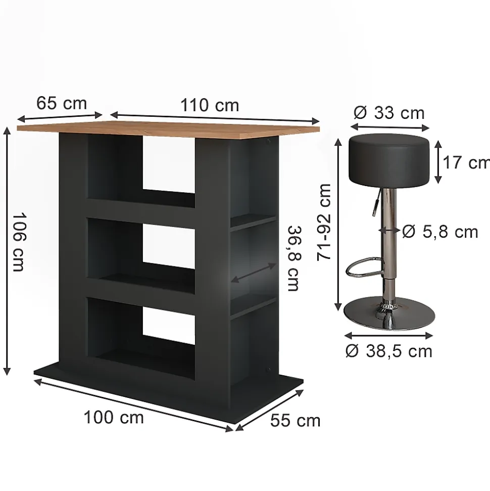 Vicco Set de table de bar Chêne doré/anthracite 110x65cm avec 2 tabourets de bar