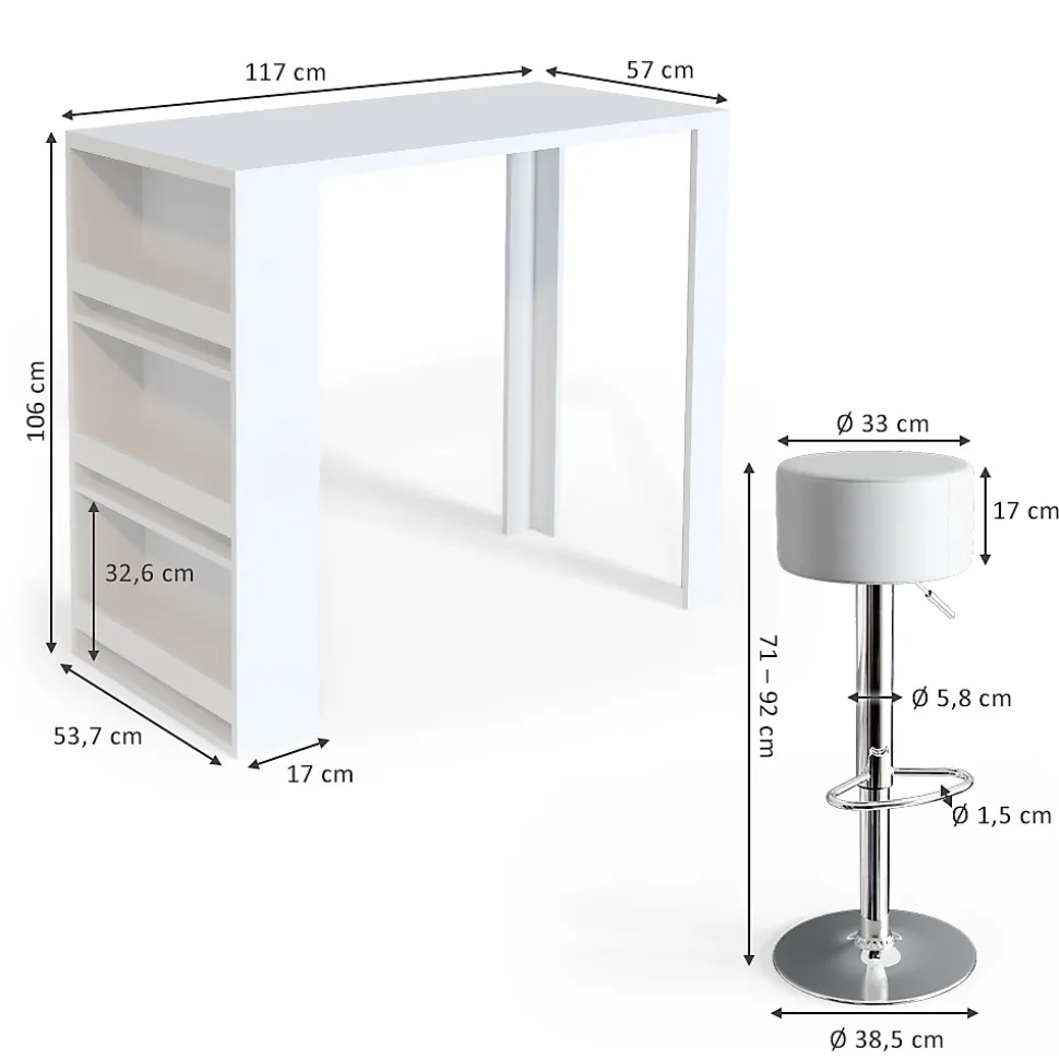 Vicco Set de table de bar Blanc 57x117cm avec 2 tabourets de bar