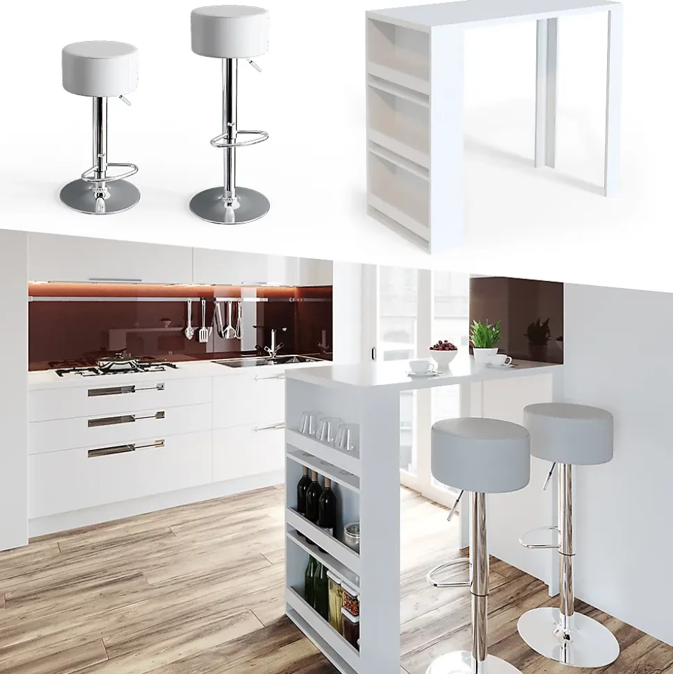 Vicco Set de table de bar Blanc 57x117cm avec 2 tabourets de bar