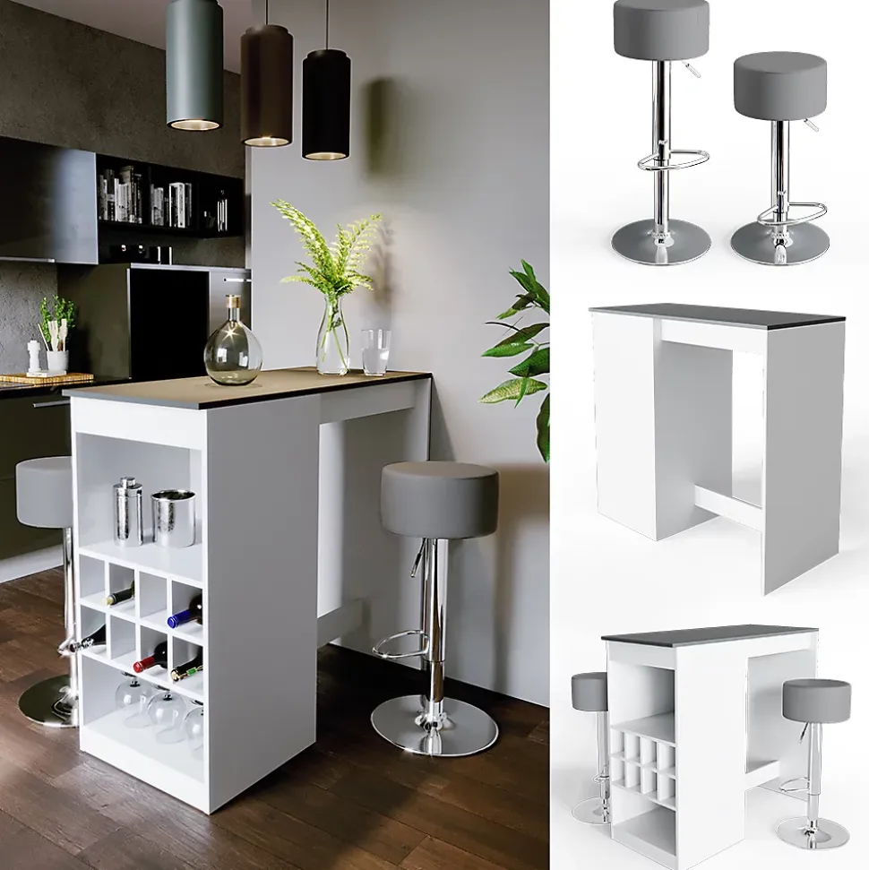 Vicco Set de table de bar blanc/anthracite 115x50cm avec 2 tabourets de bar