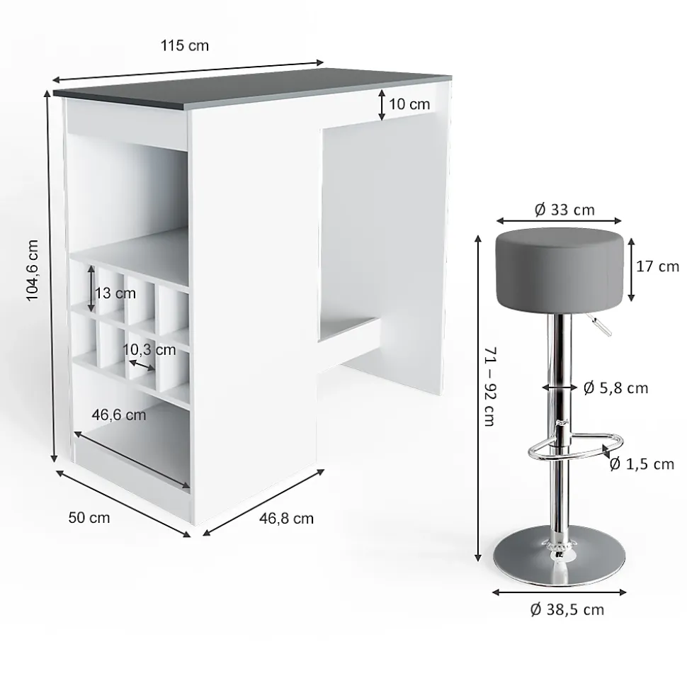 Vicco Set de table de bar blanc/anthracite 115x50cm avec 2 tabourets de bar