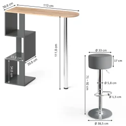 Vicco Set de table de bar Chêne de force doré 113x39.8cm avec 2 tabourets de bar