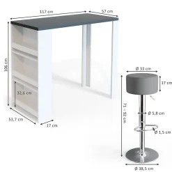 Vicco Set de table de bar blanc/gris 57x117cm avec 2 tabourets de bar