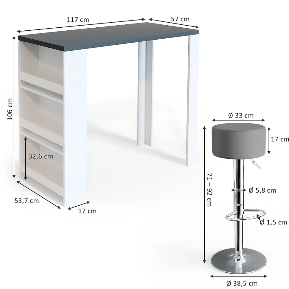 Vicco Set de table de bar blanc/gris 57x117cm avec 2 tabourets de bar