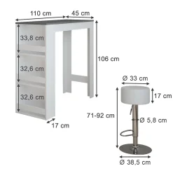 Vicco Set de table de bar blanc/anthracite 45x110cm avec 2 tabourets de bar