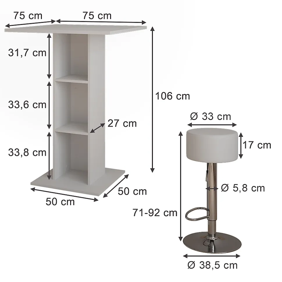 Vicco Set de table de bar Blanc 75x75cm avec 2 tabourets de bar