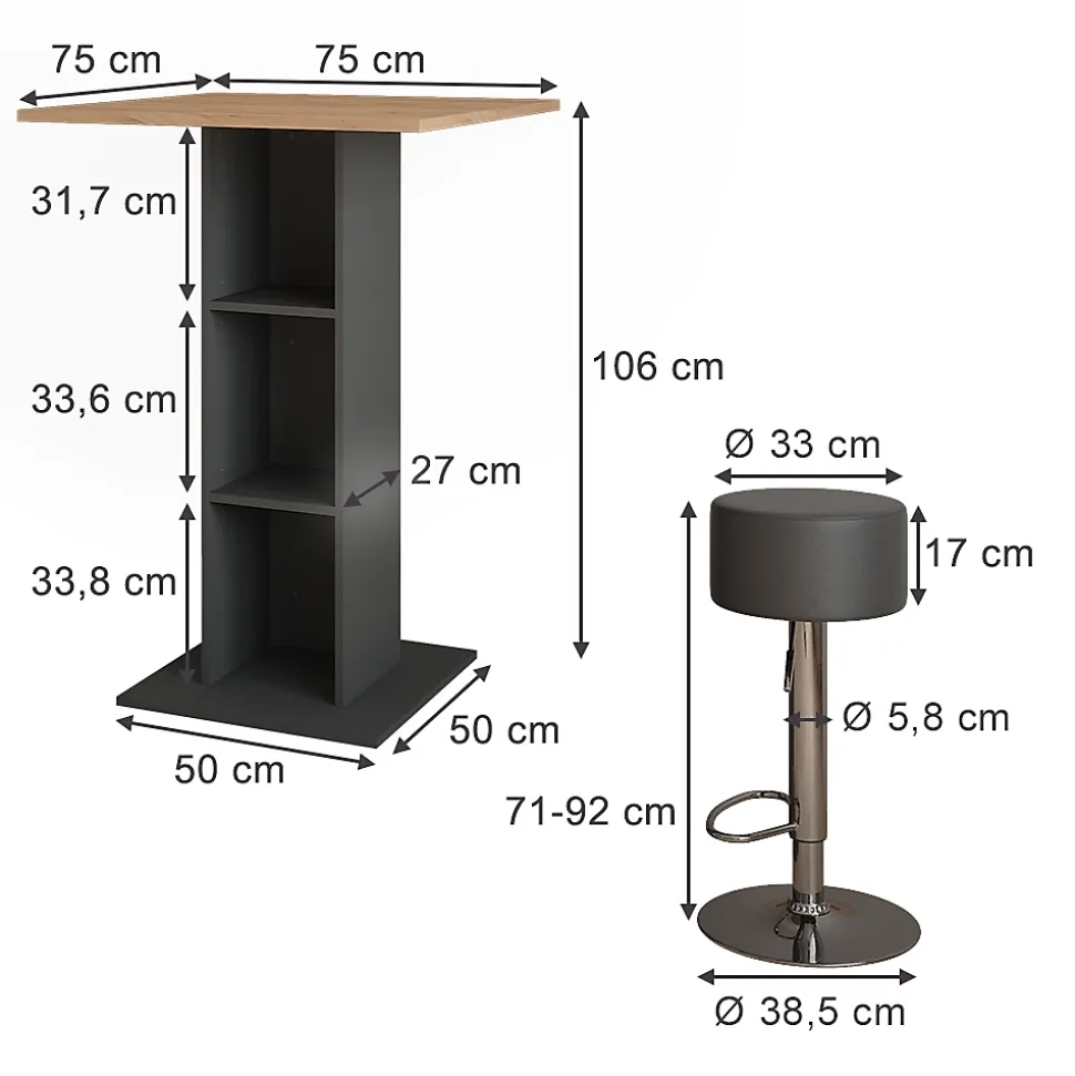 Vicco Set de table de bar Anthracite 75x75cm avec 2 tabourets de bar