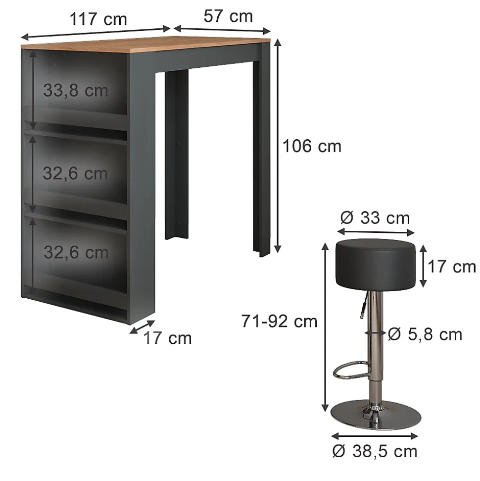 Vicco Set de table de bar Anthracite 57x117cm avec 2 tabourets de bar