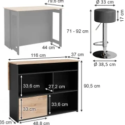Vicco Set de tables de bar Chêne doré/anthracite 116x37cm avec 2 tabourets de bar