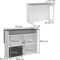 Vicco Table de bar Anthracite/blanc 116x37cm 4x compartiments ouverts et 1x porte