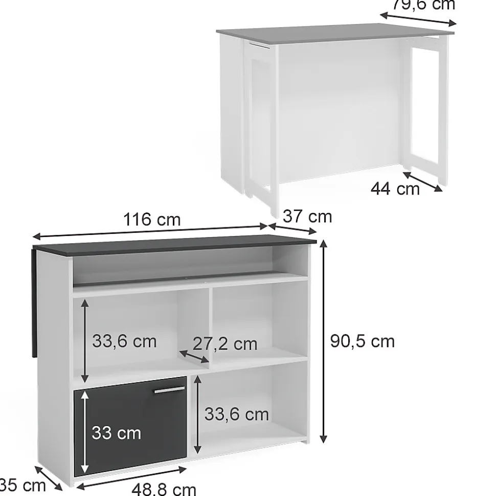 Vicco Table de bar Anthracite/blanc 116x37cm 4x compartiments ouverts et 1x porte