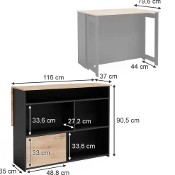 Vicco Table de bar Chêne de force doré 116x37cm 4x compartiments ouverts et 1x porte