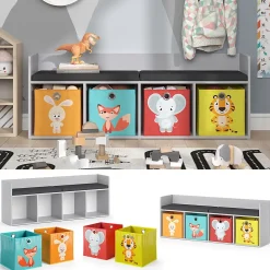 Vicco Étagère pour enfants Blanc 142.4x53.4cm 4 compartiments, avec boîtes pliantes multicolores